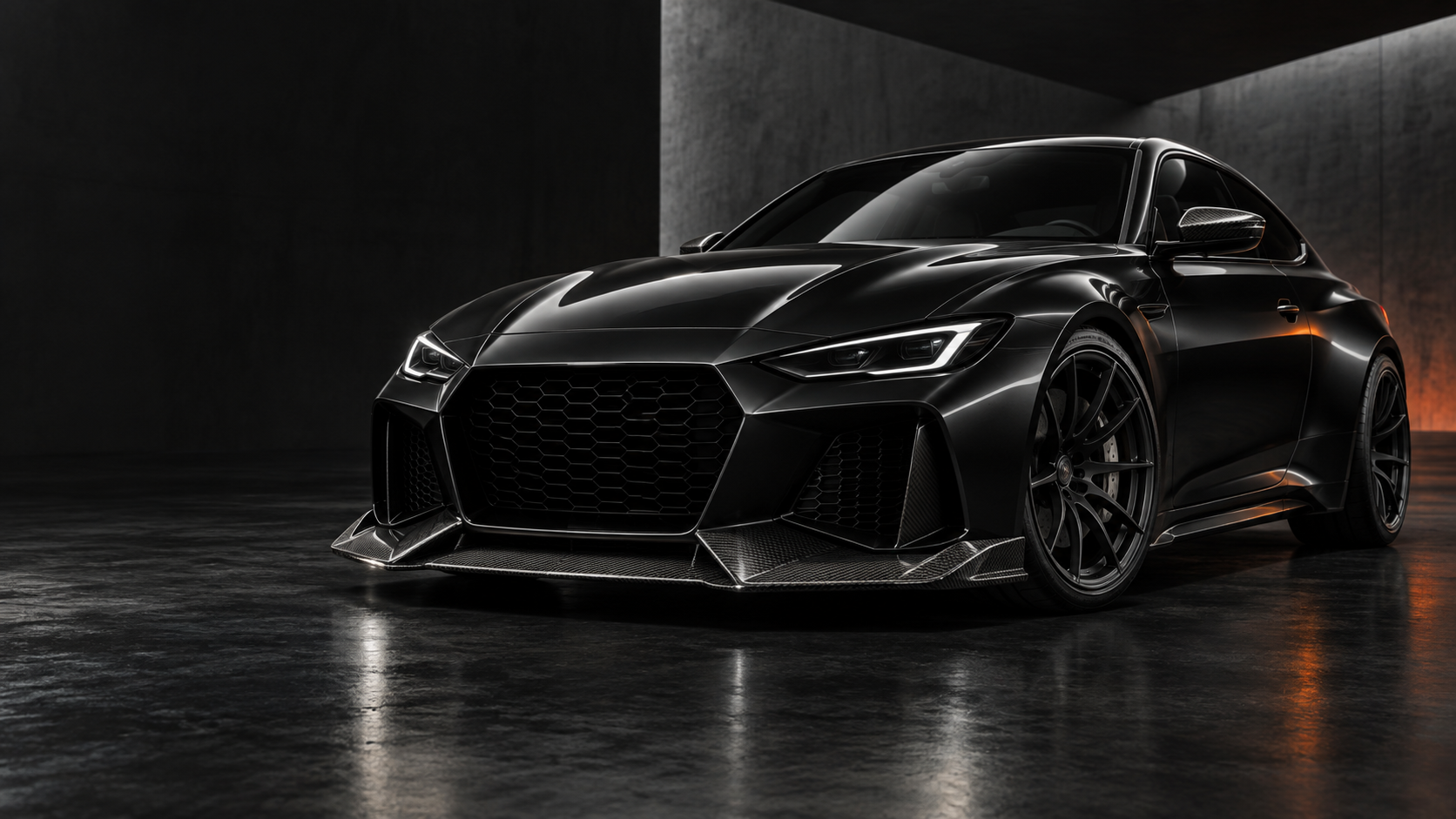 Illustrative concept coupe with an exposed carbon-style front splitter; not a production product